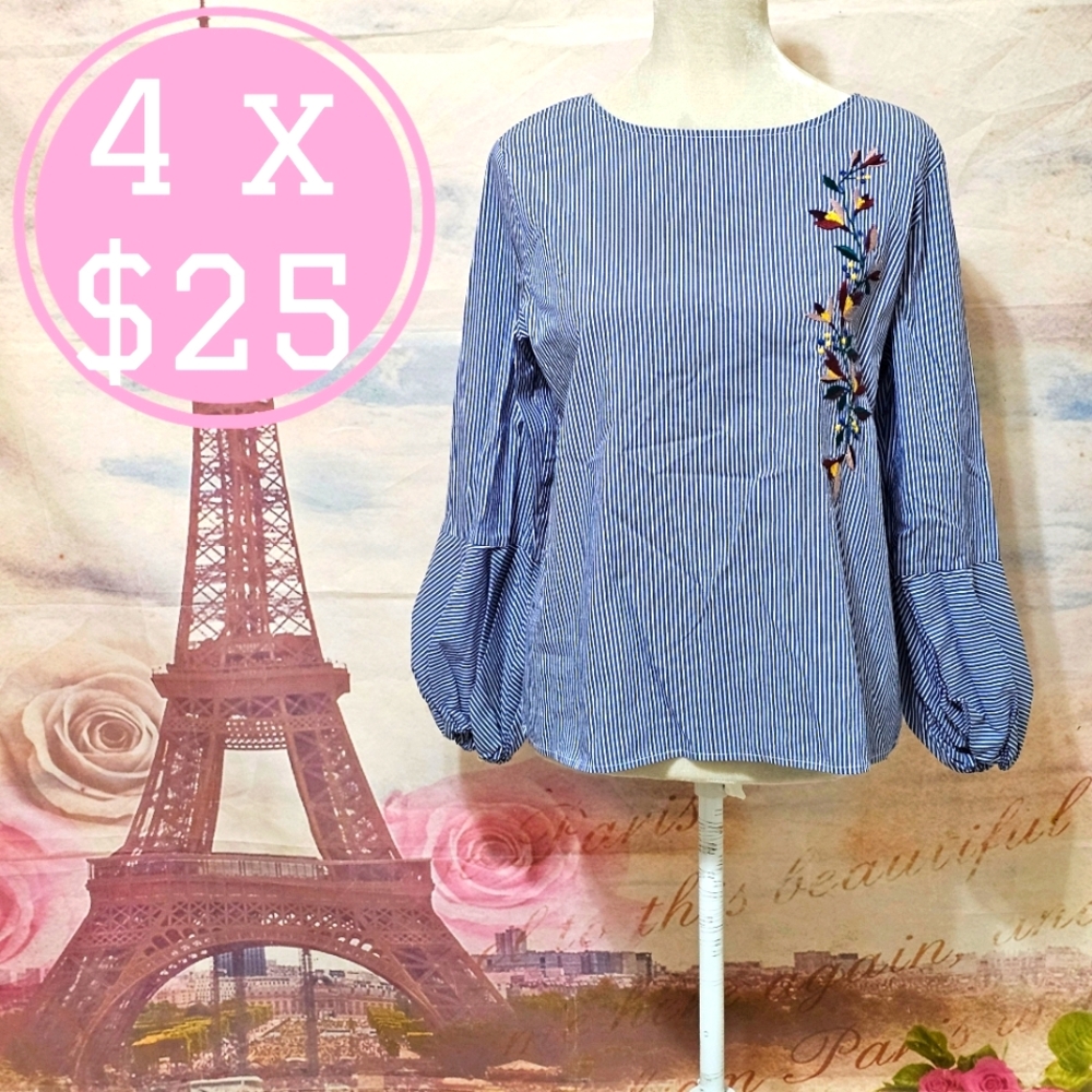 St. John's Bay Blue Striped Blouse With Embroidery Sz PL
